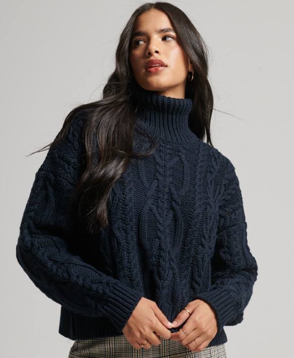 kadınlar Superdry Donanma kablolu örgü polo boyunlu kazak NNTB3991