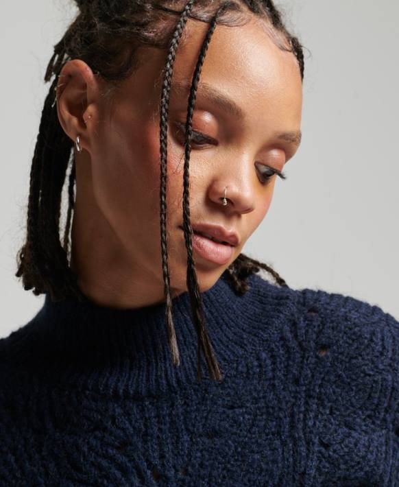 kadınlar Superdry Donanma pointelle kablolu örgü jumper NNTB3955