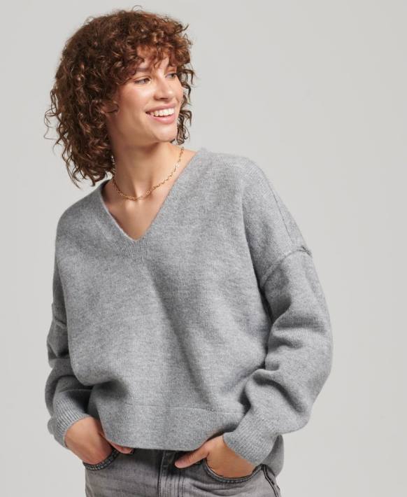 kadınlar Superdry açık gri büyük beden v yaka kazak NNTB3990