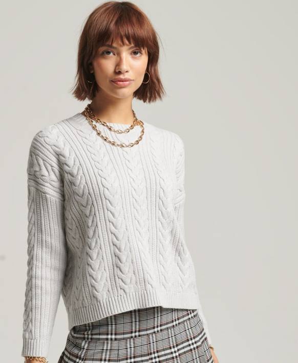kadınlar Superdry açık gri düşük omuzlu kablo örgü bisiklet yakalı jumper NNTB4024