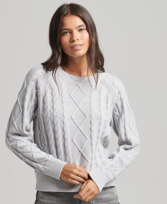 kadınlar Superdry açık gri pamuk kablo ekibi jumper NNTB4040