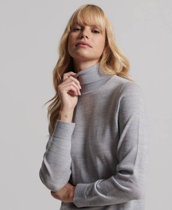 kadınlar Superdry açık gri studios merinos yuvarlak yakalı kazak NNTB4020