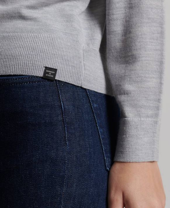 kadınlar Superdry açık gri studios merinos yuvarlak yakalı kazak NNTB4020