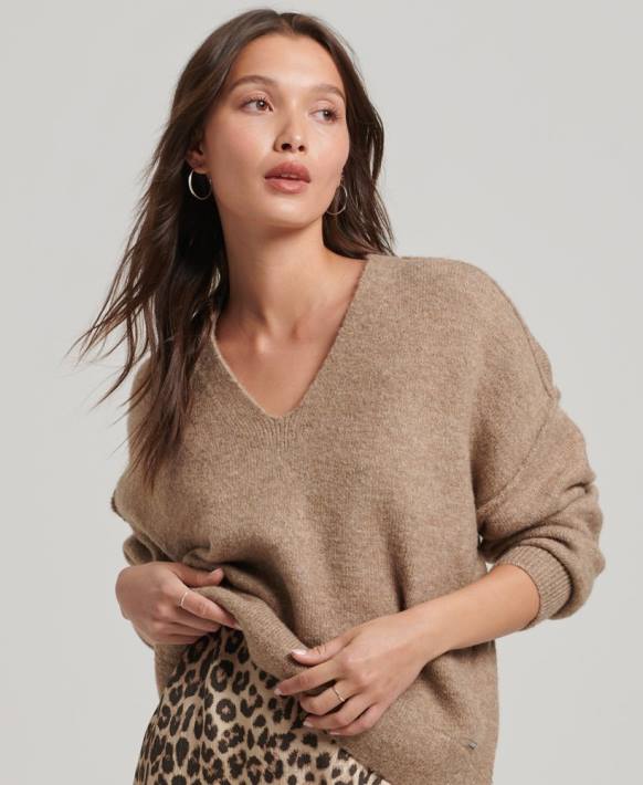 kadınlar Superdry bej büyük beden v yaka kazak NNTB3958