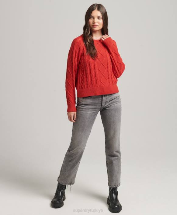kadınlar Superdry kırmızı pamuk kablo ekibi jumper NNTB4038