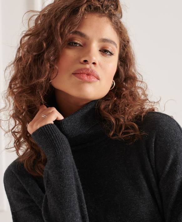 kadınlar Superdry koyu gri kuzu yünü kıvrık yakalı kazak NNTB4019