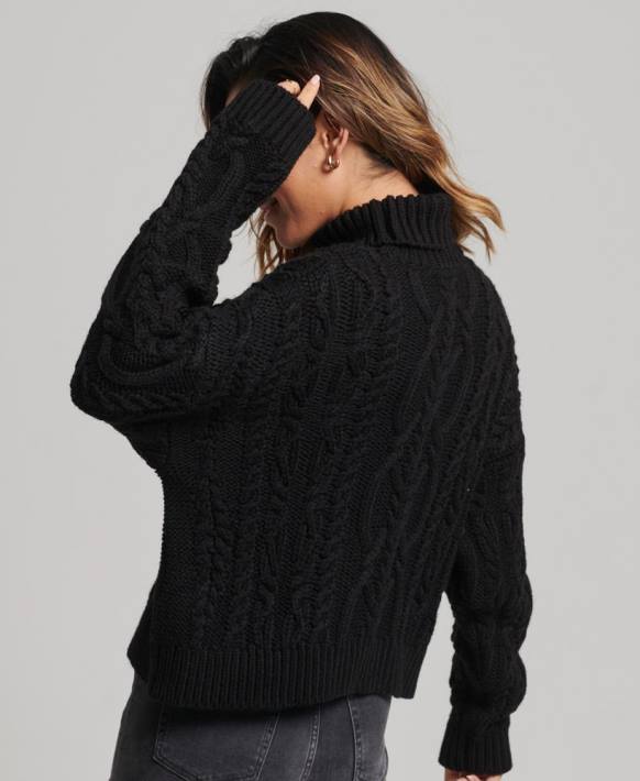 kadınlar Superdry siyah kablolu örgü polo boyunlu kazak NNTB3976