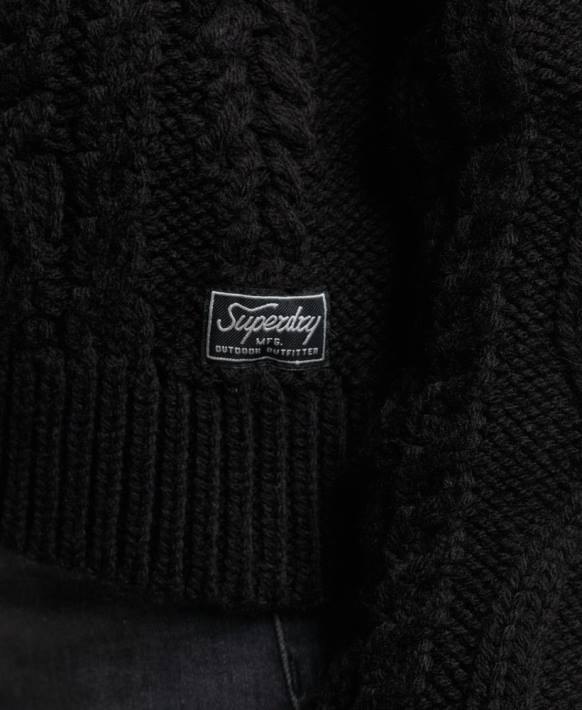 kadınlar Superdry siyah kablolu örgü polo boyunlu kazak NNTB3976