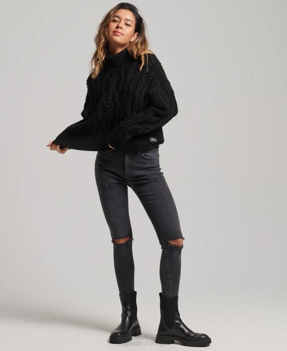 kadınlar Superdry siyah kablolu örgü polo boyunlu kazak NNTB3976