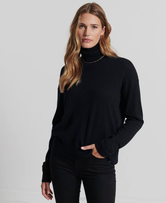 kadınlar Superdry siyah kuzu yünü kıvrık yakalı kazak NNTB4029