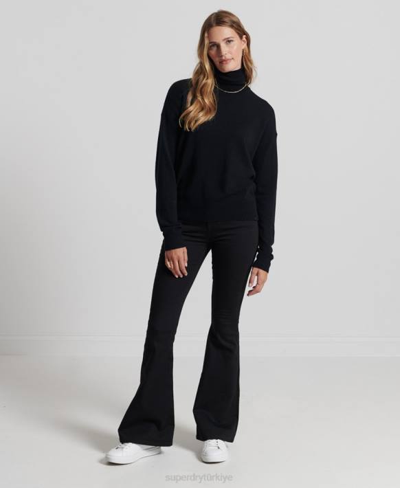 kadınlar Superdry siyah kuzu yünü kıvrık yakalı kazak NNTB4029