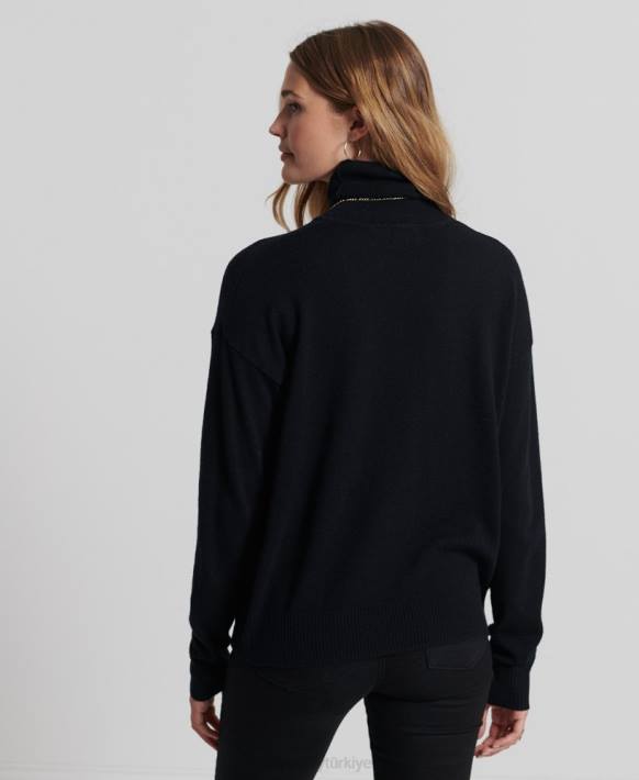 kadınlar Superdry siyah kuzu yünü kıvrık yakalı kazak NNTB4029