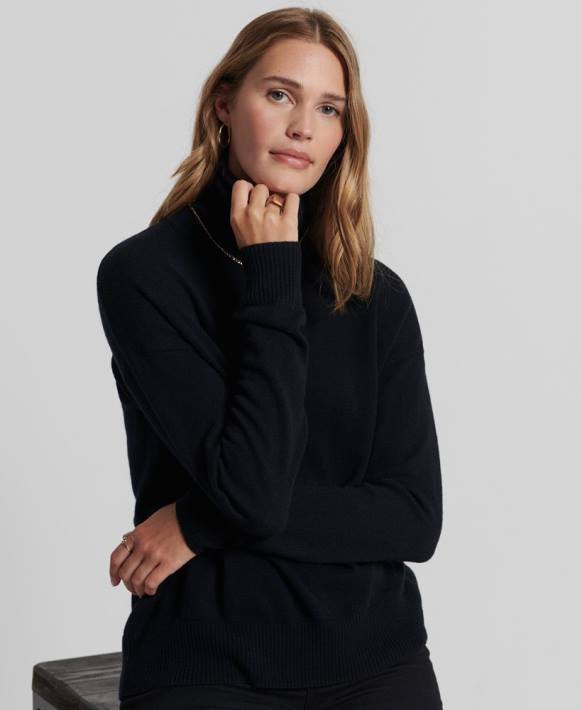 kadınlar Superdry siyah kuzu yünü kıvrık yakalı kazak NNTB4029