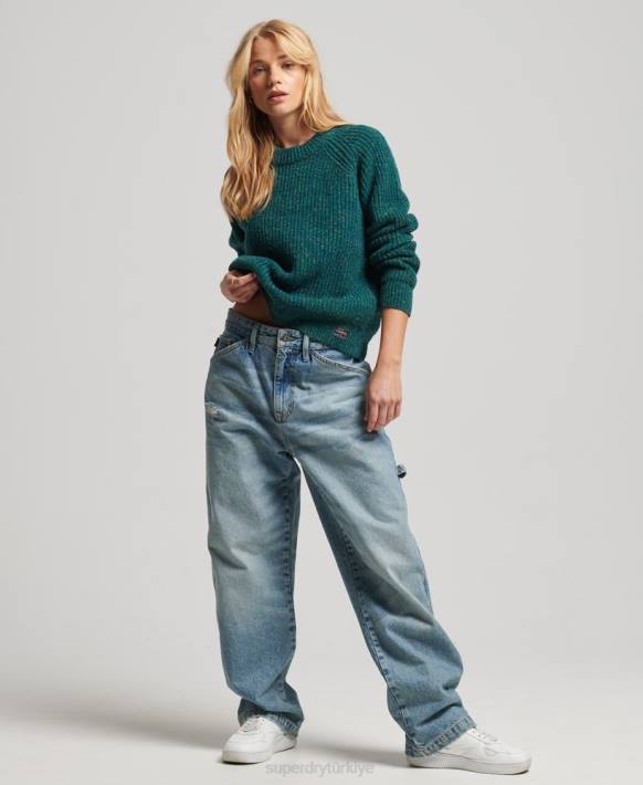 kadınlar Superdry yeşil tüvit nervürlü sıfır yaka kazak NNTB3953