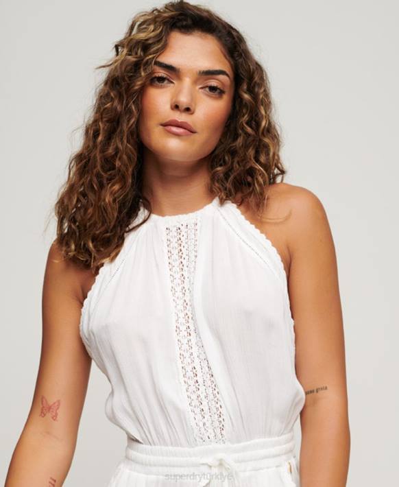 kadınlar Superdry beyaz boyundan bağlamalı tulum NNTB2089