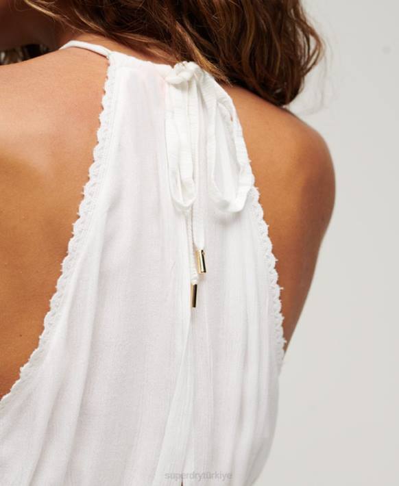 kadınlar Superdry beyaz boyundan bağlamalı tulum NNTB2089