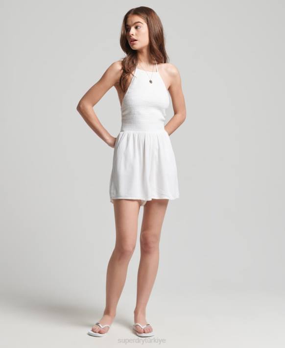 kadınlar Superdry beyaz vintage büzgülü boyundan bağlamalı tulum NNTB4101