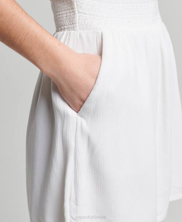 kadınlar Superdry beyaz vintage büzgülü boyundan bağlamalı tulum NNTB4101