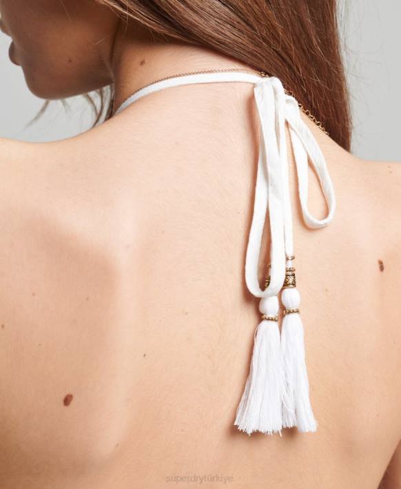 kadınlar Superdry beyaz vintage büzgülü boyundan bağlamalı tulum NNTB4101