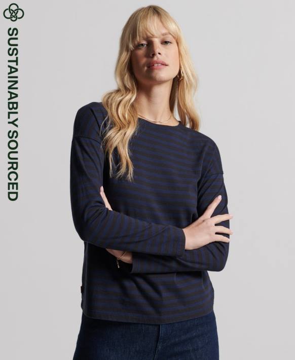 kadınlar Superdry açık gri organik pamuklu kalın çizgili üst NNTB3054