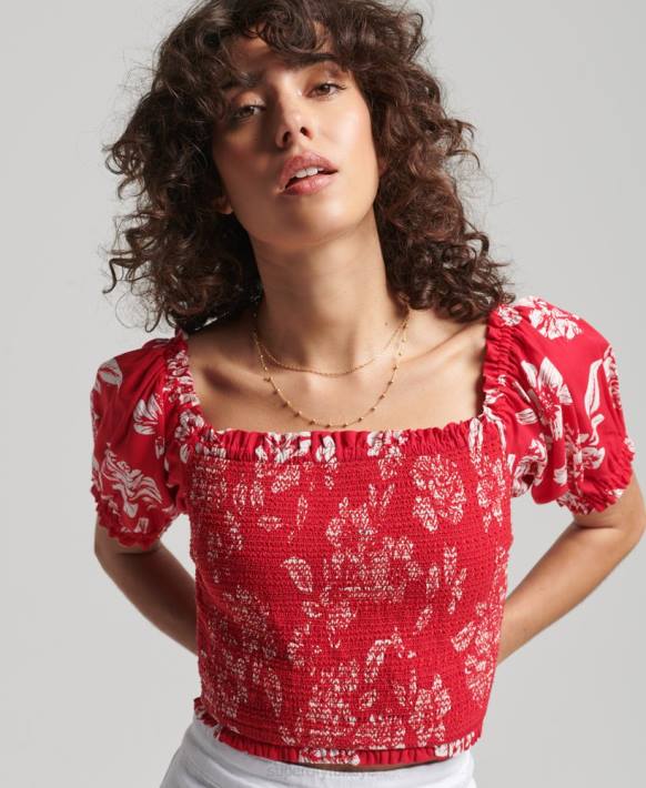 kadınlar Superdry kırmızı vintage ecovero büzgülü crop top NNTB6706