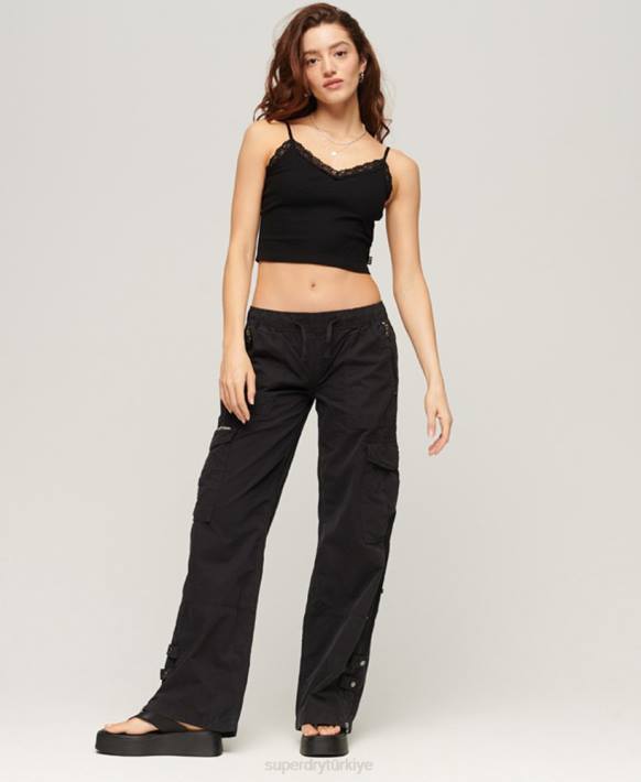 kadınlar Superdry siyah nervürlü dantel süslemeli cami top NNTB2098
